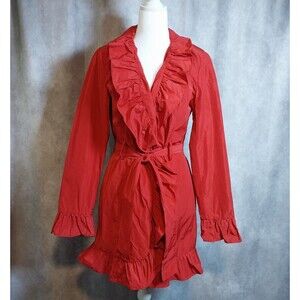 Chapter One Womens Red Ruffled Trench Coat Jacket Belted Duster Size Small